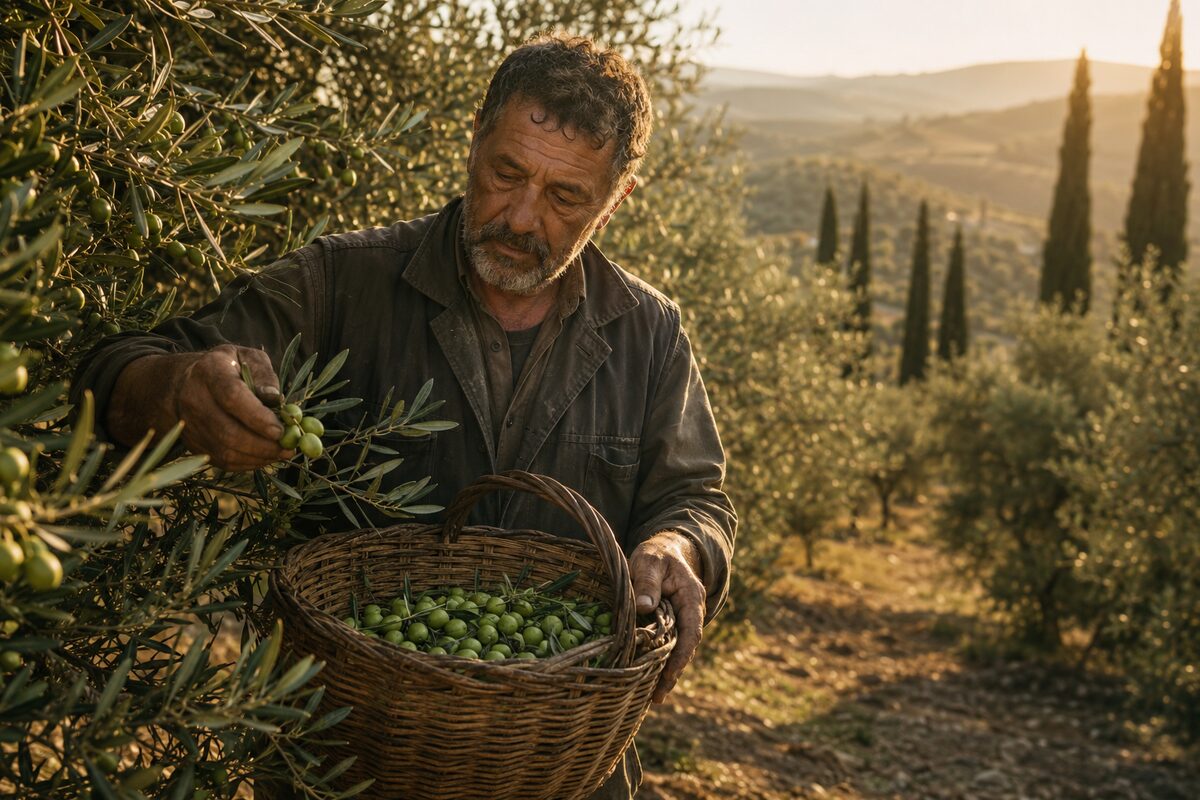 Ruční sklizeň oliv pro výběrové olivové oleje